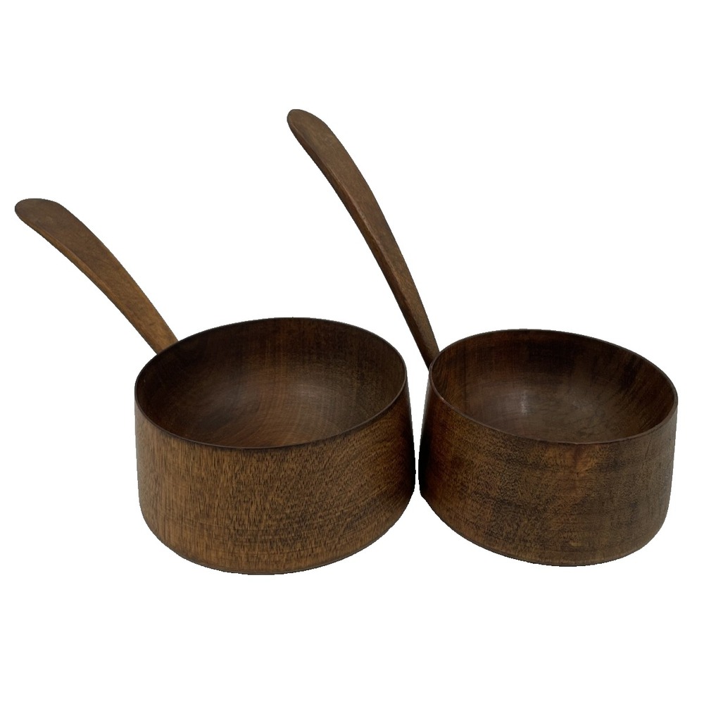 Vtg Mid-Century Hand Turned Cherry Wood Ladles‎ Dippers Handled Bowls Set of 2